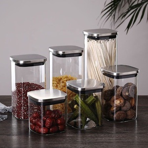 Spices Bulk Products Tea Coffee Container Set Sealed Cans Storage Box Square Glass Sealed Jars Cans With Stainless Steel Lid