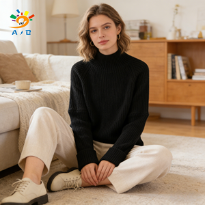 Venta al por mayor de fábrica: Suéter de punto AJB para <span class=keywords><strong>mujer</strong></span>, largo, de color liso, holgado, con <span class=keywords><strong>cuello</strong></span> <span class=keywords><strong>alto</strong></span>, mezcla de lana/acrílico - Product Image 2