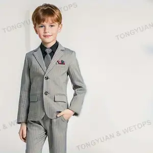 Custom Clothing Manufacturers Latest Boy Gray Stripe Jacket Vest Pans Tie 4 Piece Suit Set Boy Gray Party Wedding Daily Suits