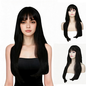 <span class=keywords><strong>Perruque</strong></span> noire longue et droite pour femmes avec frange cheveux synthétiques d'aspect naturel <span class=keywords><strong>perruque</strong></span> de tête complète résistante à la chaleur pour une fête quotidienne - Product Image 1