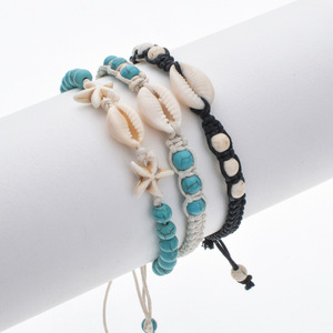 Bracciali da donna Boho fatti a mano con stelle marine e conchiglie di mare intrecciate da spiaggia Hawaii, braccialetti per vacanze con perline naturali turchesi - Product Image 1