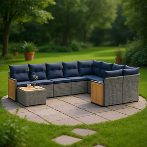 Ensemble de canapés de jardin en polyrotin gris avec coussins, 10 places, mobilier d'extérieur, structure en teck, design contemporain - Product Image 2