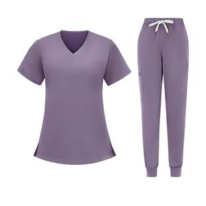 Conjunto de Uniforme Médico de Manga Corta con Pantalones de Jogging, Cuello en V con Lazo Elástico y Bolsillo Individual, Fácil Cuidado, para Profesionales de Salones de Belleza - Product Image 1