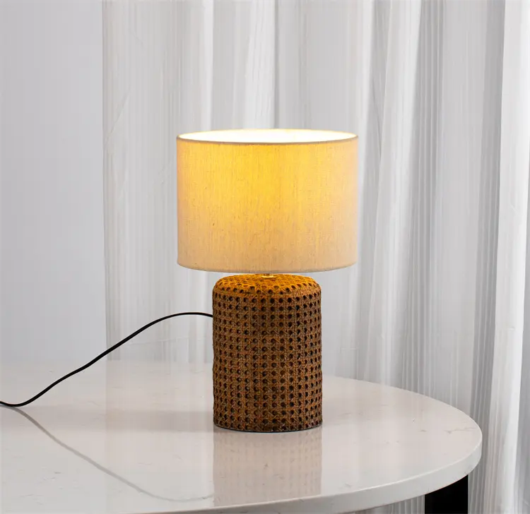 Nordic style concrete base bedroom living room bedside bar rattan light luxury living room cane decorative table lamp