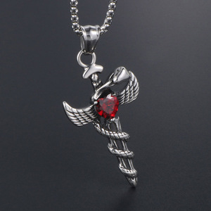 Angel Sword Pendant With Ruby Heart Wing Design <b>Titanium</b> Steel Necklace Charm SP504 - Product Image 2