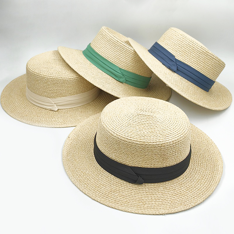 High Quality Wide Brim Flat Top Raffia Straw Hat for Men Handmade in Natural Color for Travel Outdoor Casual Use