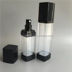Безвоздушная пластиковая бутылка для сыворотки квадратной формы с черной крышкой и дном 30 мл