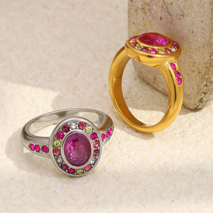 Women's 18K Gold Plated Cocktail <b>Ring</b> With Natural Oval Ruby Bezel Setting And Pink Gemstones Glam Engagement <b>Statement</b> <b>Ring</b> - Product Image 5
