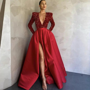 <b>Red</b> Long Sleeve <b>Sequined</b> V Neck Full Skirt Slit Evening Dress Women Formal Party Gown - Product Image 1