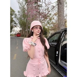 Ensemble deux pièces en tricot jaune pastel pour femmes, col Peter Pan, robe courte à volants, style doux, tenue printemps-été - Product Image 6