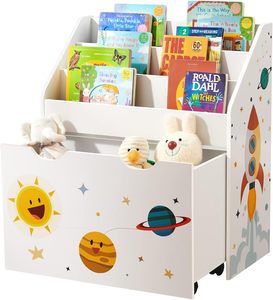 <span class=keywords><strong>Bibliothèque</strong></span> pour enfants Organisateur de jouets <span class=keywords><strong>Coffre</strong></span> et <span class=keywords><strong>bibliothèque</strong></span> avec 3 étagères Boîte de rangement avec roues Thème d'espace polyvalent - Product Image 1