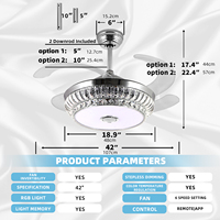 Ventilateurs de plafond en cristal avec lumières RGB, contrôle par télécommande/application, montage encastré, 3 CCT, lumières blanches à intensité variable + lecteur de musique, 6 vitesses, 42 pouces
