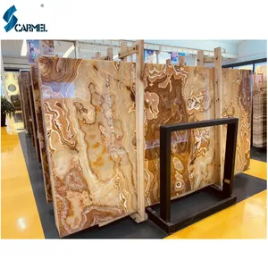 Factory direct cheap price natural turkey tiger onyx stone marble slab tiles brown backlit onyx slab yellow gold veins onyx
