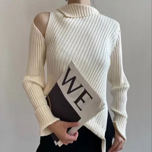 korean style knitwear supplier turtleneck cutout white sweater women