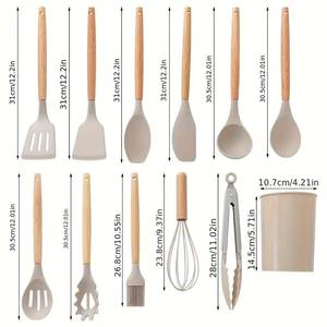 <b>Silicone</b> Tableware Khaki Utensil Wooden Handle Safe Cookware Non-Stick Kitchen <b>Tool</b> Set - Product Image 3