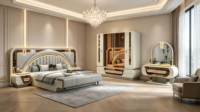 Ensemble de meubles de chambre à coucher élégant de style turc avec lit king-size et queen-size rembourré, coiffeuse avec miroir LED, armoire et table de chevet