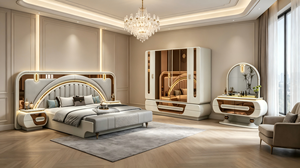 Elegante Juego de Muebles de Dormitorio Estilo Turco <span class=keywords><strong>con</strong></span> <span class=keywords><strong>Cama</strong></span> Tapizada Suave King/Queen, Tocador <span class=keywords><strong>con</strong></span> <span class=keywords><strong>Espejo</strong></span> LED, Armario y Mesita de Noche - Product Image 2