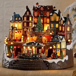 Noel dekorasyon ledi animasyonlu tren istasyonu reçine müzikal noel köy evi dönen noel ağacı