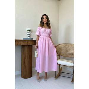 Robe en mousseline de lin rose élégante à col plissé, longueur genou, tailles XS-XXL, design personnalisé, pour le printemps, offre ODM en gros - Product Image 5