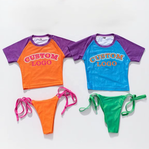 Conjuntos de Bikini personalizados 2025 para mujer, traje de baño de manga corta con patrón de estampado en caliente, pantalones cortos y Tops de baño OEM - Product Image 1