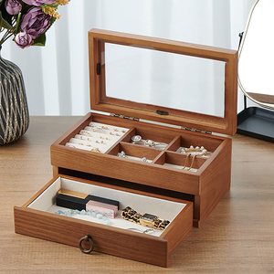 Wooden Jewelry <b>Box</b> With Mirror And Drawer For Necklace Ring Earring Storage Organizer Desktop <b>Makeup</b> Accessory Case - Product Image 1