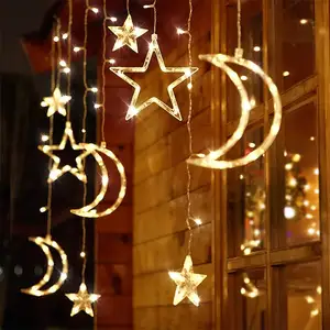 Dekorasi Ramadan tirai Led Bulan Bintang 2024 lampu tali karangan bunga dekorasi pesta Islam Muslim untuk hadiah rumah perlengkapan Lebaran