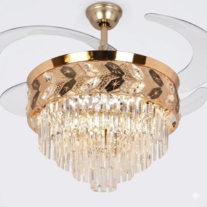 Luxury Gold Crystal LED <b>Ceiling</b> Fan with Retractable Blades <b>Remote</b> <b>Control</b> Silent Chandelier <b>Light</b> for Home Decor - Product Image 1