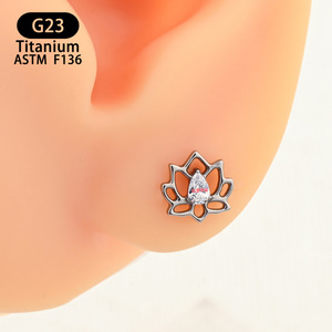 <b>Titanium</b> Lotus <b>Stud</b> Earrings With Zircon Inlay 6.8mm ASTM F136 Everyday Wear - Product Image 4