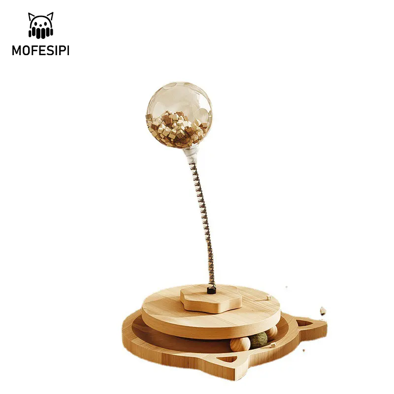 MOFESIPI Cat Animal Toys Pluggable Cat Teaser Stick Turntable Leaking Food Ball Bite Resistant Pet Tumbler Pet Wooden Toy