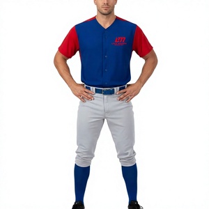 Herren Baseball-Uniform Trikot Blau Rot Polyester Atmungsaktiv V-Ausschnitt Kurzarm LM Logo Erwachsenengröße LONG MISSION INDUSTRY LMI-010 - Product Image 1