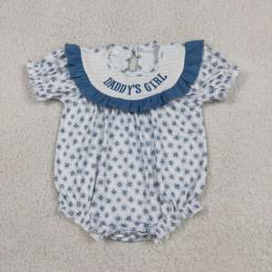 SR4141 Conjunto de mono de manga corta con estampado de flores azules para bebés, diseño de niña de papá, mono floral de verano - Product Image 1