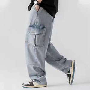 Wholesale Custom Men's High Waist Vintage Baggy Cargo <b>Jeans</b> Street Fashion Multi-Pocket <b>Work</b> Denim Straight Style Washed Look - Product Image 3