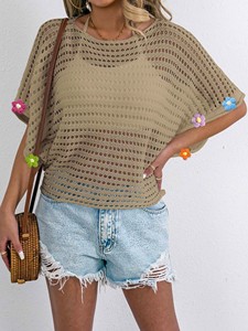 Blusa holgada asimétrica de manga de murciélago calada de punto a máquina para mujer con apliques de ganchillo a mano Casual al por mayor a granel - Product Image 4