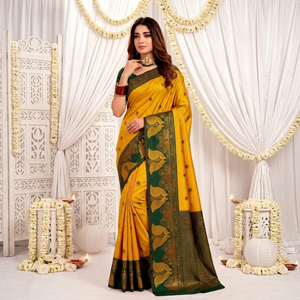 Sari de Seda Banarasi Amarillo Verde de AARA Fashion con Diseño Tradicional, Protección Solar, Estampado Digital - Ropa para Bodas y Festivales - Product Image 1