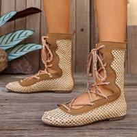 Bottes plates décontractées pour femmes, style gladiateur romain, à bout rond, talon bas, à lacets, avec manchette tricotée à la cheville, chaussures d'été pour la plage