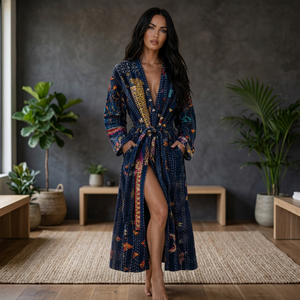 Robe longue en coton brodé pour femme, manches longues, col en V, design patchwork, douce et élégante, vêtements de détente pour l'automne - Product Image 1