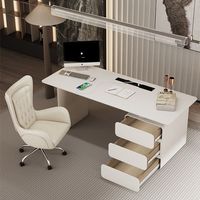 Bureau de direction moderne en marbre blanc avec 3 tiroirs, base cannelée style crème, table d'ordinateur écologique et durable