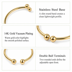 Double Ball Open <b>Stainless</b> <b>Steel</b> <b>Ring</b> with 14K Gold Vacuum Plating Minimal Adjustable Polished Band - Product Image 4