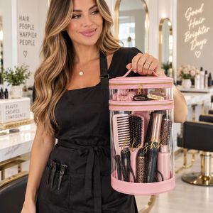 Custom Logo Clear PVC Round <b>Makeup</b> Bag Two Tier Storage Organizer Portable Hair Styling Tools <b>Case</b> For Professional Salon - Product Image 4