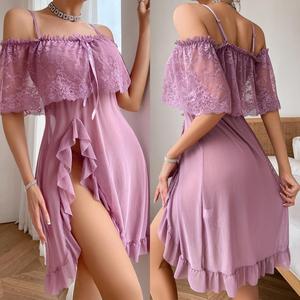 Ensemble de lingerie sexy en dentelle transparente style européen et américain, pyjama à épaules dénudées, jupe longue en satin pour l'été, taille élastique, respirant - Product Image 2