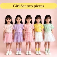 Ensemble de 2 pièces pour filles CAF109 à 3,15 dollars, t-shirt à manches courtes et jupe en tulle à dentelle, ensemble de vêtements d'été pour enfants en gros