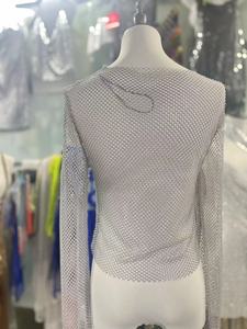 Vestido de fiesta de color claro con diamantes de imitación para mujer, camiseta Sexy transparente de malla con diamantes, camiseta gris de manga larga con cuello redondo - Product Image 2
