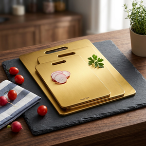Planche à découper double face en acier inoxydable jaune doré, antibactérienne, résistante à la moisissure, portable, pour usage domestique et commercial - Product Image 4