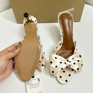 Mules à talons hauts élégantes pour femmes, à pois, avec nœud, en satin, à bout ouvert, à enfiler, pour soirées d'été et robes de soirée - Product Image 5
