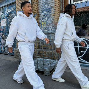 Custom Boxy Fit Double Layer Gray Flared Stacked Baggy Oversized French Terry Cotton Sweatsuit Sweatpants and Hoodie <b>Set</b> for Men - Product Image 1