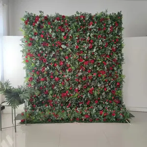 新しい結婚式の背景緑の草の壁と赤いバラ人工花の壁人工植物の壁