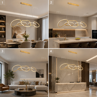 Lustre élégant et luxueux à boucles entrelacées ondulées, anneaux irréguliers dorés polis, suspension LED bicolore pour salon et bureau