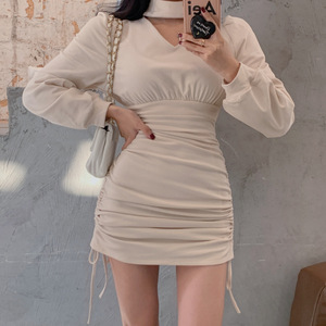 V-Neck Halter Drawstring Bodycon Mini Dress Women Long Sleeve Slim Fit Elegant Party Dress Solid Color Tight Waist - Product Image 1