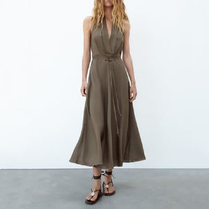 KAR & OT 2024 colección de verano para mujer nueva moda Slim Sexy espalda descubierta con cuentas vestido Midi con cordones cuello Halter tejido 4786293 otoño - Product Image 3