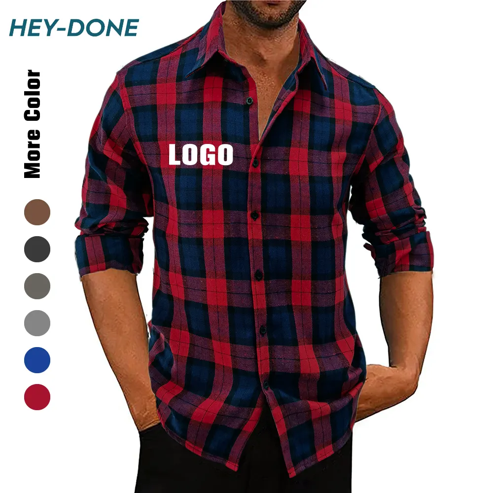 Heydone Custom OEM ODM Casual Men's Shirt Button Down Collar More Color Red And Black Plaid Shirt Flannel Plaid Shirt